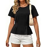 Tankaneo Womens Peplum Tops Babydoll Summer Short Sleeve Pleated T-Shirts Casual Loose Fit Flowy Workout Tshirts