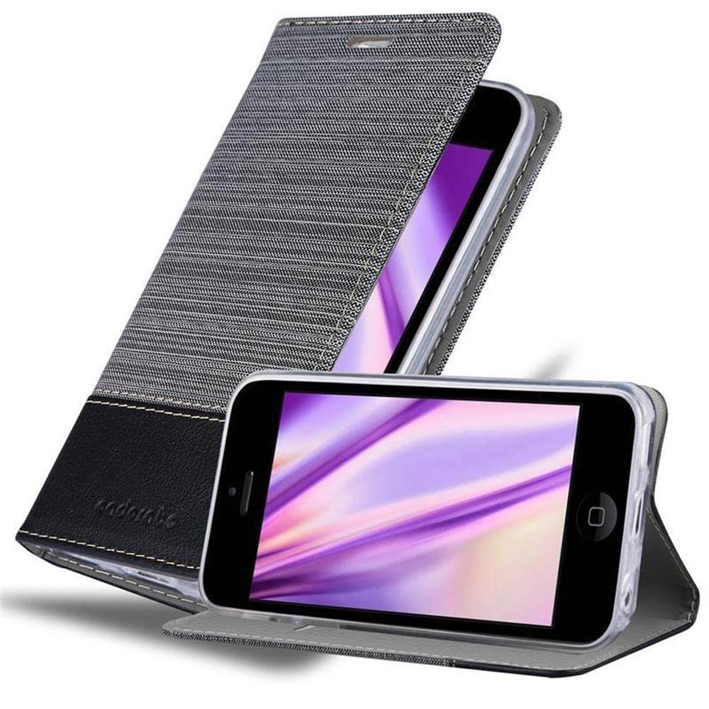 cadorabo Book Case works with Apple iPhone 5C in GREY BLACK - with Magnetic Closure, Stand Function and Card Slot - Wallet Etui Cover Pouch PU Leather Flip