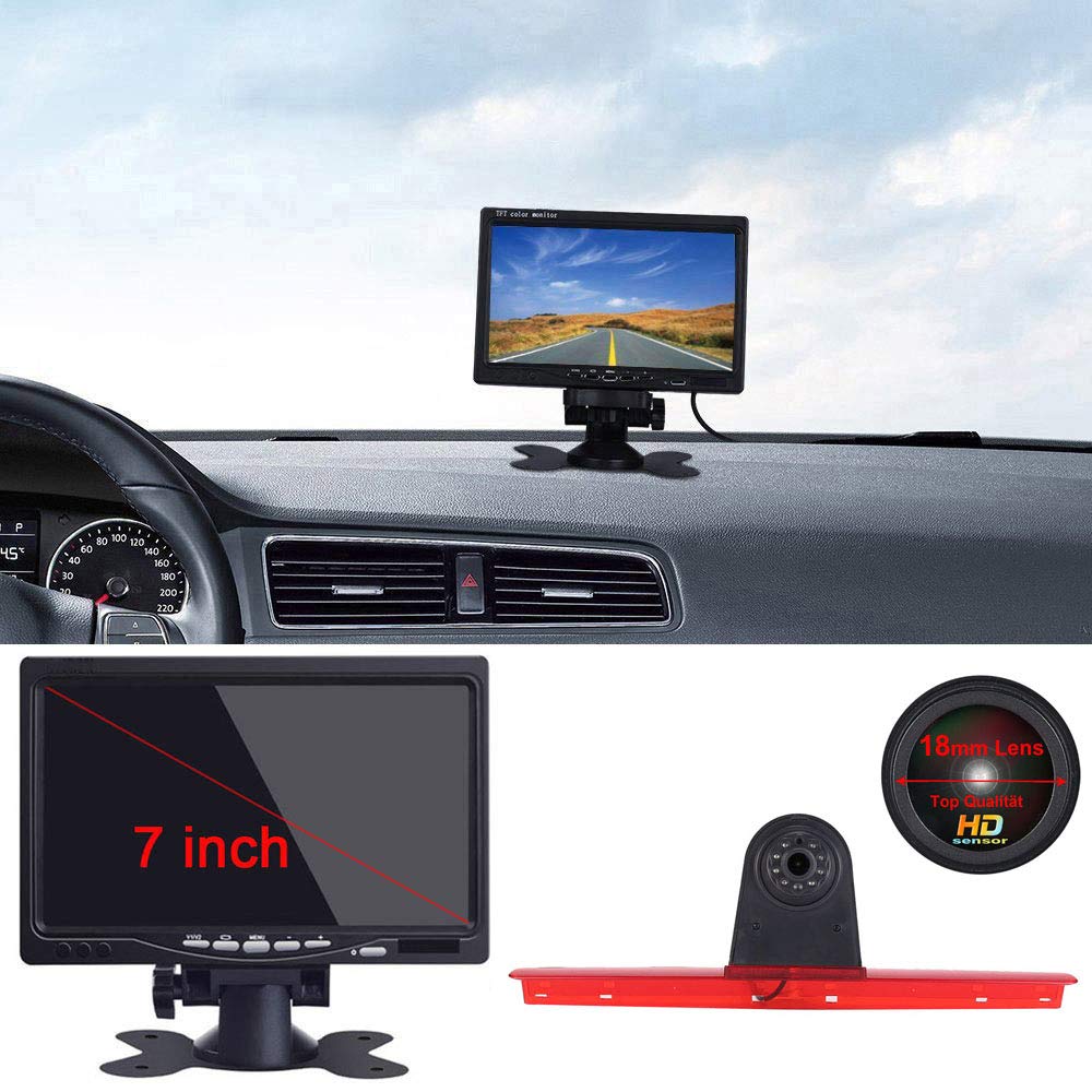 〔18mm Lens Camera + 7'' TFT LCD Monitor〕Car HD waterproof 3rd Brake Light Reverse Camera Kit for VW T5 Bus Transporter Multivan Caravelle/Business with tailgate third 3rd stop light