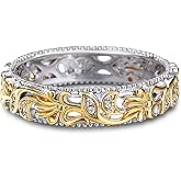 Jeulia Floral Ring Band Sterling Silver Two Tone Leaf Carved Vintage Unique Hollow Flower Rose Gold Jewelry Engagement Wedding Bridal Sets Stackable Anniversary Promise with Gift Box