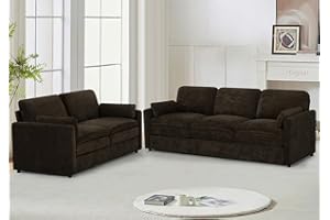 Lesofair Comfy Chenille Sofa Set with Well-Filled Pillows, Modern 3 Seater and Loveseat Sofa with Upholstered Cushions, 2 Pieces Sectional Couch with Soft and Thickened Seats for Living Room, Brown