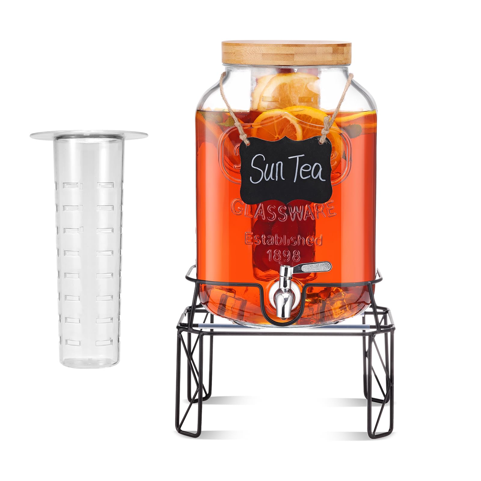 Photo 1 of 2 Gallon Drink Dispensers with Stand, Glass Beverage Dispenser with Stainless Steel Spigot and Bamboo Lid,Lemonade Dispenser,Glass Drink Dispensers for Parties, Weddings