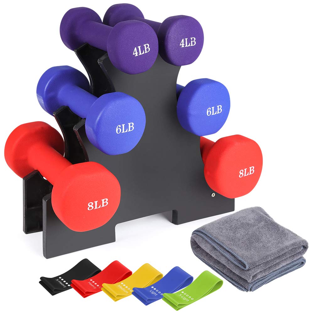 JBM Perfect Neoprene Dumbbell Set with Rack, Resistance Loop Exercise Bands and Sport Towel - 28 lbs 32 lbs 36 lbs for Muscle Building, Strength-Building, Weight Management