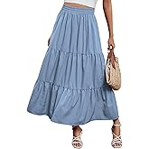 Arolina Maxi Skirt for Women Summer Boho Elastic High Waist Pleated A-Line Flowy Ruffle Swing Tiered Long Beach Skirt Dress Lightblue, Medium
