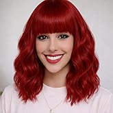 Elfairy Red Wig with Bangs for Women 12inch Short Bright Red Bob Wavy Curly Hair Wigs Heat Resistant Hair Replacement Wigs for Daily Use Cosplay Costume Halloween