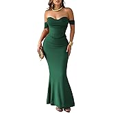 CurvySweet Women's Off The Shoulder Bodycon Corset Ruched Mesh Maxi Dress Built-in Bra Fall Cocktail Wedding Guest Dresses