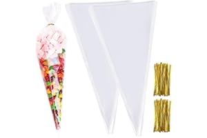 Cone Bags, 200 Pcs Clear Cellophane Treat Bags with Twist Ties, 10 Inch Candy Bags Triangle Goody Sweets Bags for Baking, Can