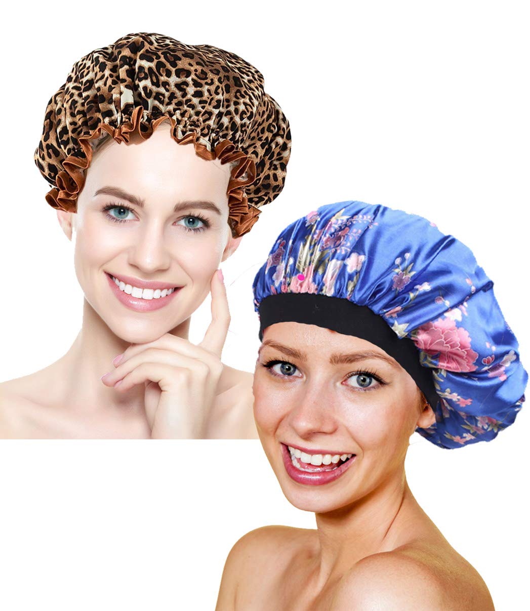 Extra Large Silk Bonnet for Natural Hair and Double Layer Shower Cap Waterproof Washable Hair Caps for Women (2 Pack)