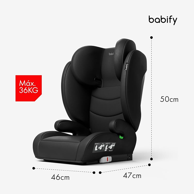 Babify FlexiFit Basic Baby Car Seat - Grupo 2/3 (15-36 kg), ISOFIX, Encosto de cabeça de 13 posições, Dobrável, Capa Lavável, ECE R129, Preto