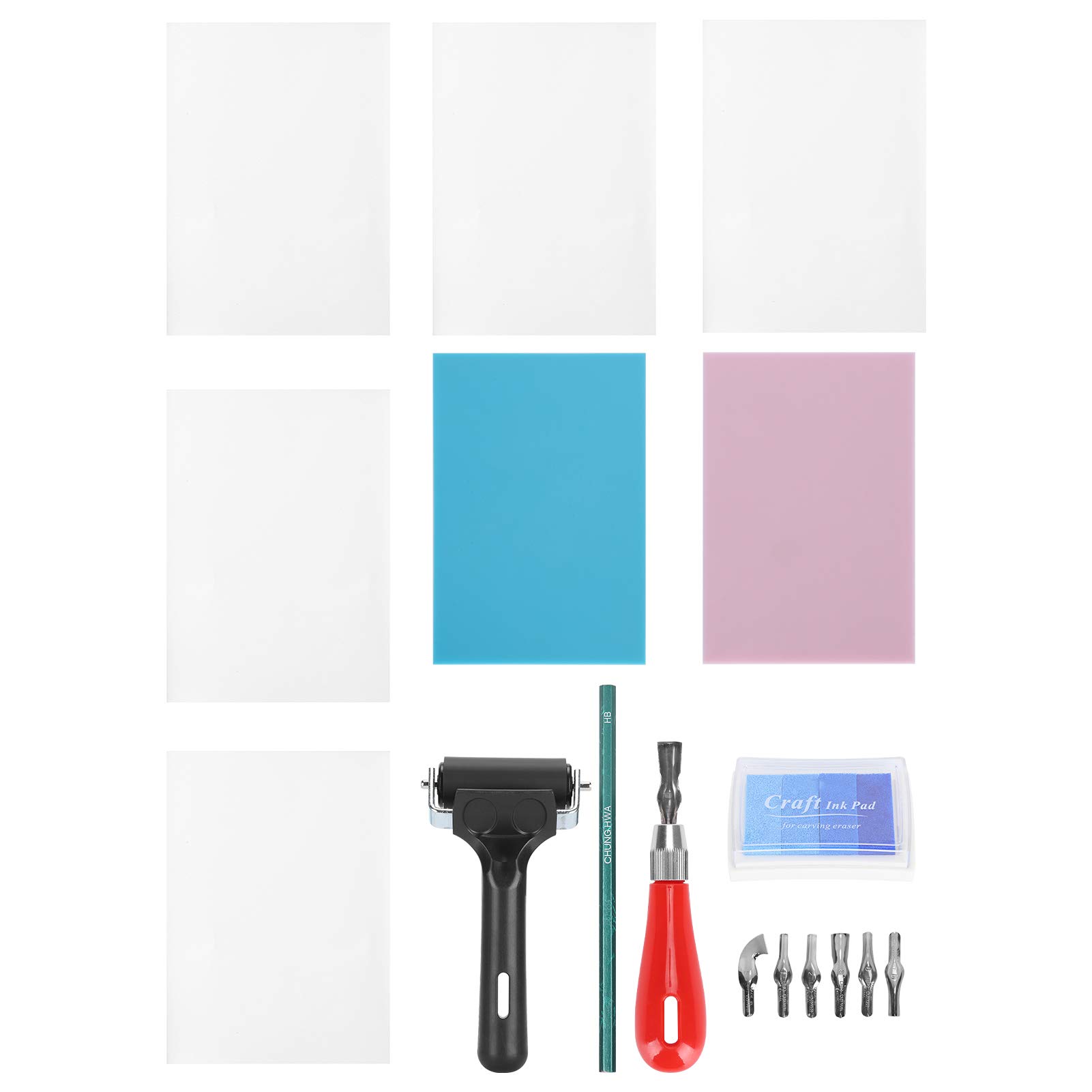 Pssopp 16Pcs Rubber Stamp Making Kit, Soft Rubber Carving Blocks with 6 Blades Cutter Tool for Printmaking, DIY Craft Stamp Carving Supplies