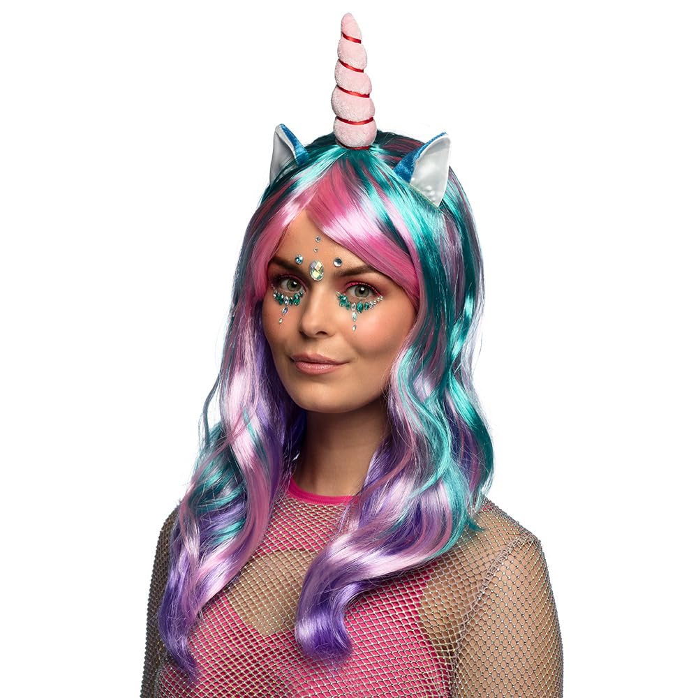 Boland Unicorn Wig with Horn for Adults – Pink Green Purple Long Hair Fantasy Costume Wig for Halloween, Festivals, Cosplay & Fancy Dress Parties