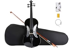 ARTALL 4/4 Handmade Student Acoustic Violin Beginner Pack with Bow, Hard Case, Chin Rest, Spare Strings, Rosin and Bridge, Glossy Black
