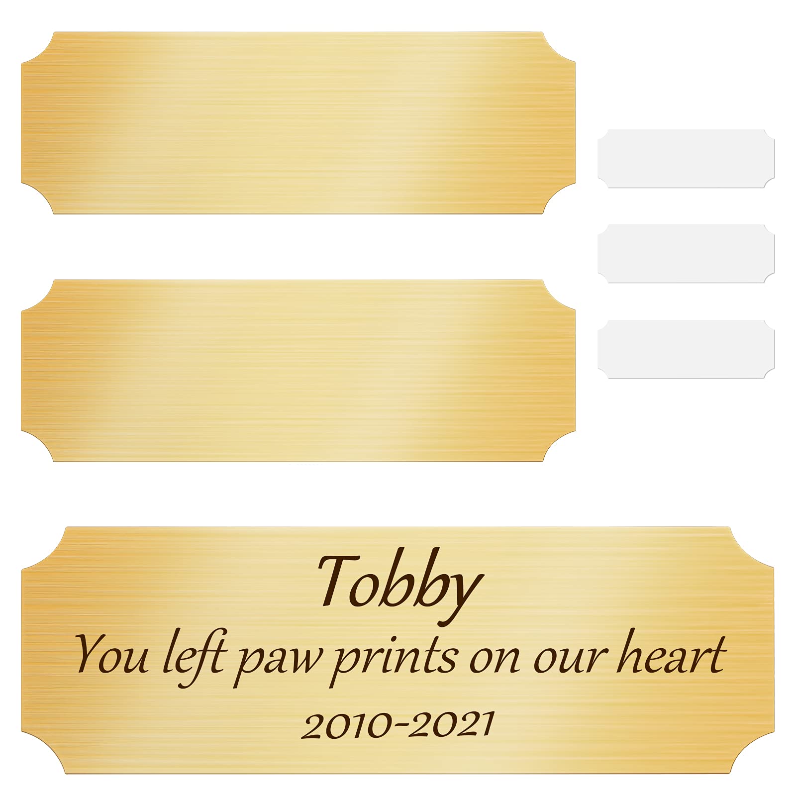 Photo 1 of Sublimation Personalized Name Plates DIY Engraved Brush Gold Aluminium Picture Custom Frame Name Plate Dog Memories Art Label Tag with Double-Sided Stickers for Indoor Use, 3 x 1 Inch(3 Pieces)