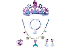 YTUCASSix Piece Set of Mermaid Crown with Princess Jewelry Set, Mermaid Necklace Bracelet Earring Ring Hairpin Set, Princess 