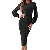 Saodimallsu Womens Long Puff Sleeve Sweater Dress Crew Neck Bodycon Ribbed Knit Fall Midi Dresses with Belt
