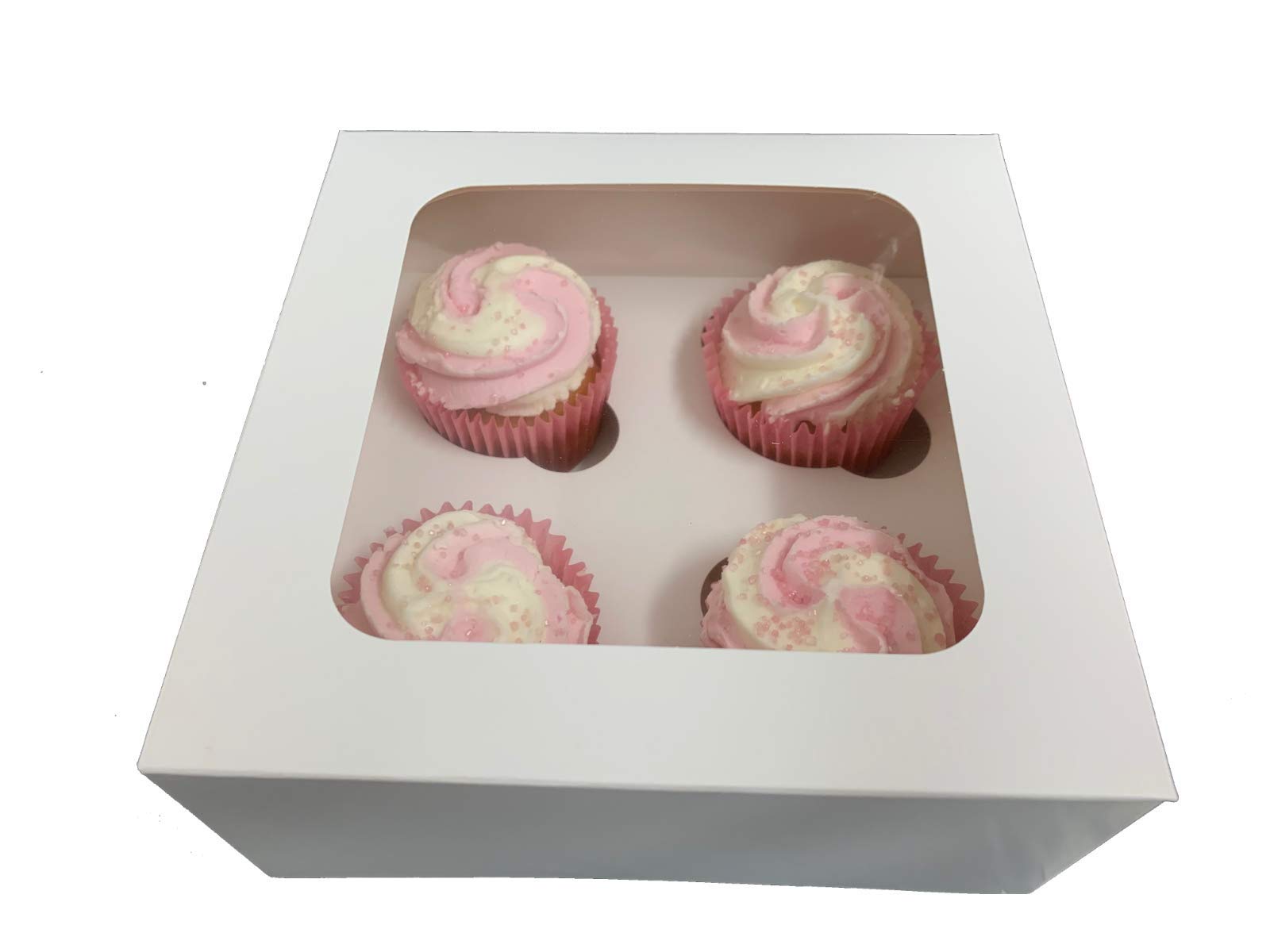 LARRYROO White Windowed Cupcake Boxes, Holds 4 Cup Cakes with Removable Inserts Birthday (10)