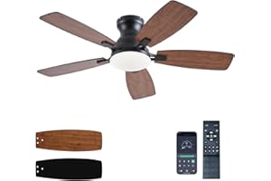 JSAITEE Ceiling Fans with Lights, 42 Inch Low Profile Ceiling Fan with Light and Remote Control, Flush Mount, DC Reversible Motor, Noiseless, Brown 6 Speeds Ceiling Fan for Bedroom