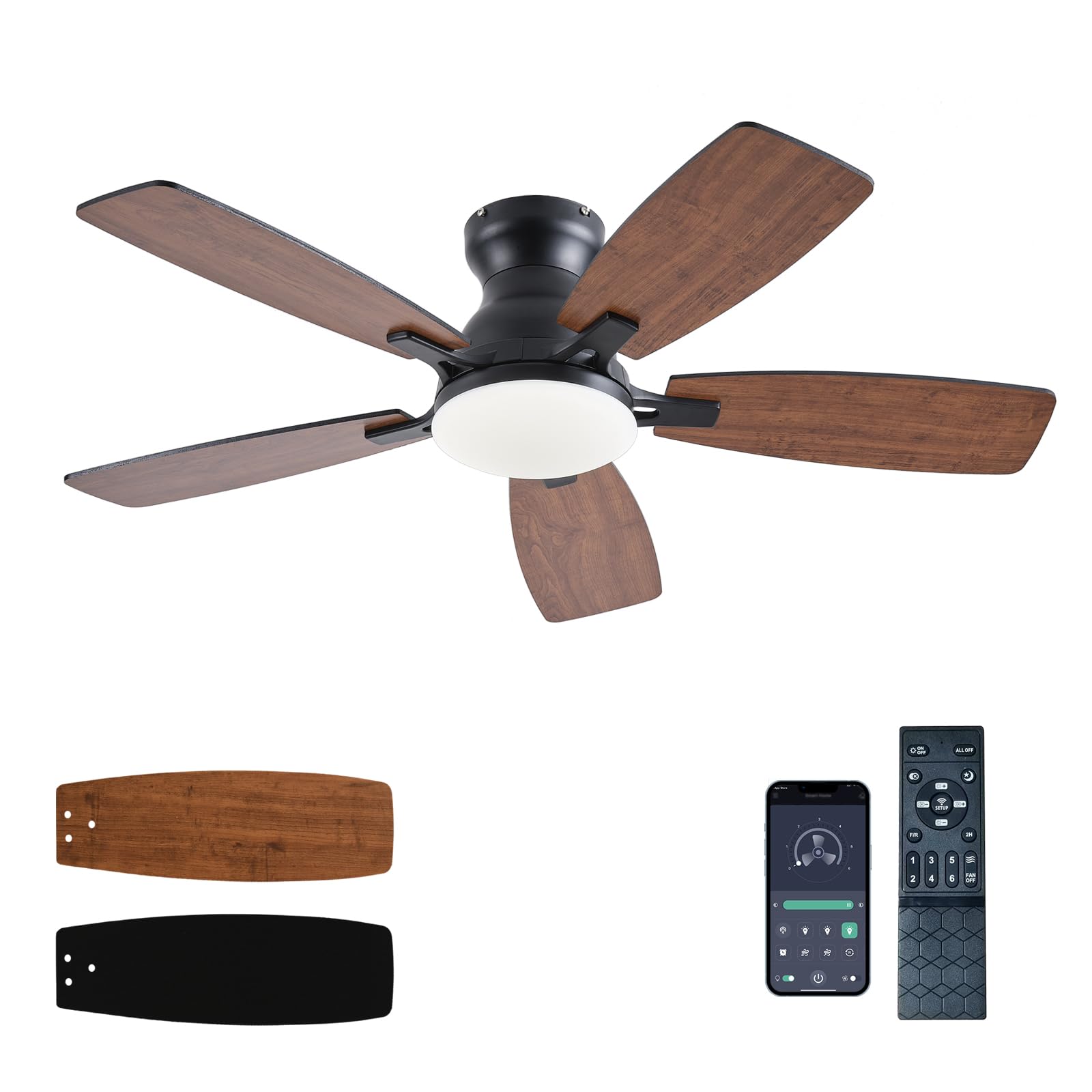 Photo 1 of JSAITEE Ceiling Fans with Lights, 42 Inch Low Profile Ceiling Fan with Light and Remote Control, Flush Mount, DC Reversible Motor, Noiseless, Brown 6 Speeds Ceiling Fan for Bedroom
