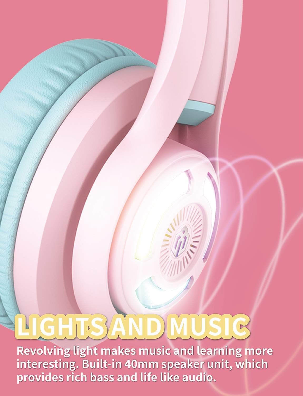 iClever Kids Bluetooth Headphones, BTH13 Cat Ear LED Light Up Kids Headphones Wireless, 50H Playtime - Image 3