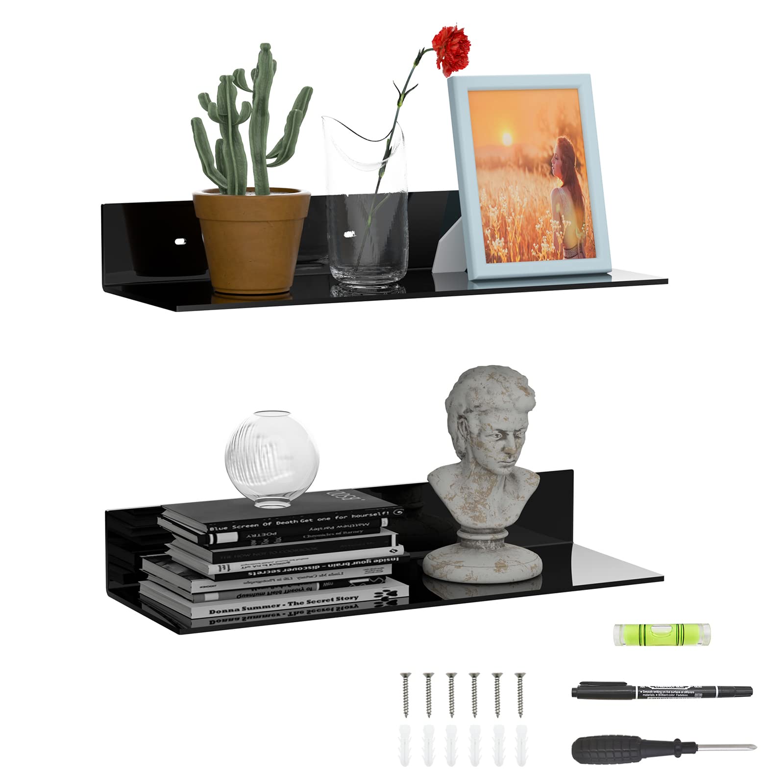 Sezanrpt 2 Pack Acrylic Wall Shelves 17 Inches, Black L Shape Floating Shelf, Acrylic Corner Shelf, Perspex Wall Display Shelves for Wall Décor, Model Car, Candle, Calendar, Towel, tissue — image 1