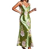 ChiaoLezhee Women's Silky Satin Floral Nightgown - Spaghetti Strap Slip Slit V Neck Luxury Sexy Long Night Dress Sizes S-XL