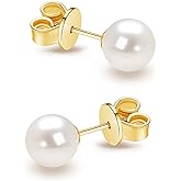 JORA 14K Gold AAA+ Handpicked Round Freshwater Cultured White Pearl Stud Earrings for Women Girls