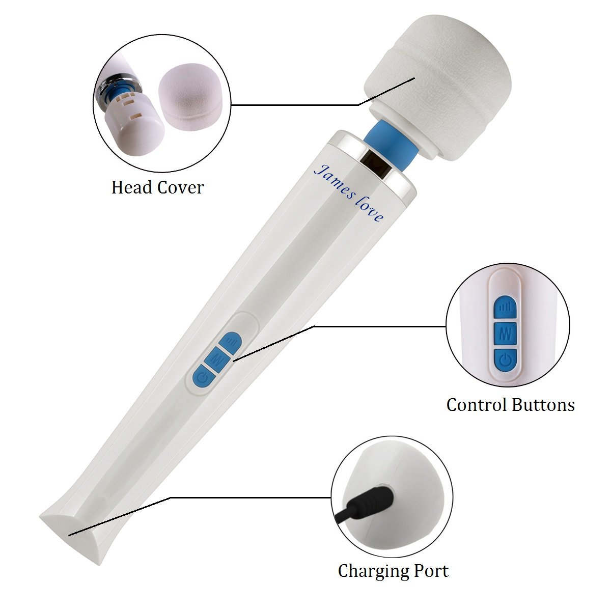 Wand Massager Handheld Wireless and USB Rechargeable with 20 Powerful Vibration Patterns 8 Speeds, James Love Therapy Personal Body Massager for Muscle Aches and Sports Recovery