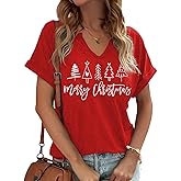 Scgirl Womens Christmas T-Shirts Short Sleeve V Neck Christmas Tree T-Shirts Christmas Lights Graphic Tee Tops
