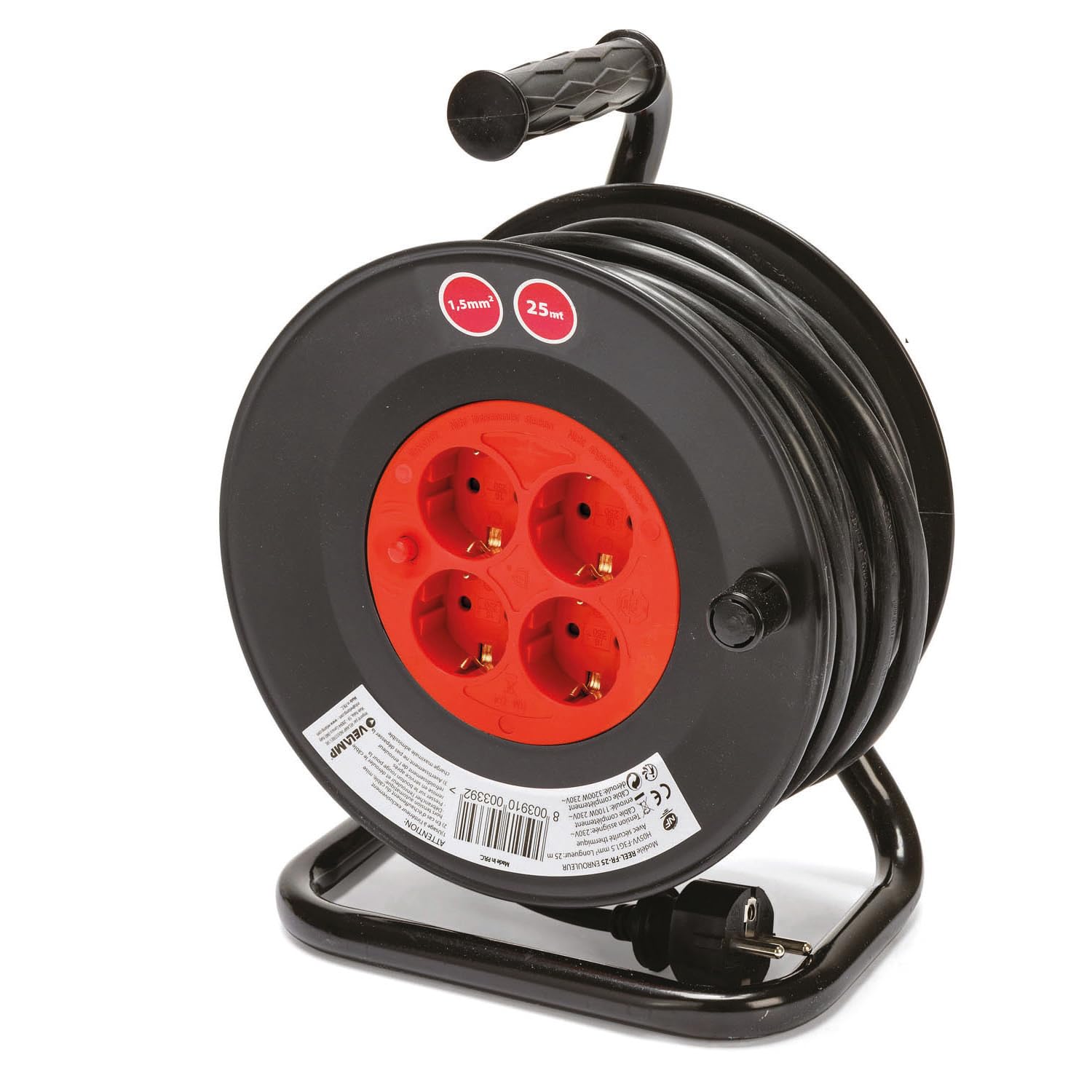Kabeltrommel 25m, Kabelrolle mit 4 Steckdosen, Kabeltrommel für Indoor mit Kurbel, Überhitzungsschutz, 3200 W, IP20, 230V, Querschnitt 1,5 mm2, Kabeltyp: H05VV-F 3G1,5mm2