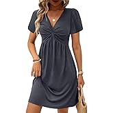 Acelitt Womens Casual Summer Twist Front V Neck Short Sleeve Mini Dress, S-XXL