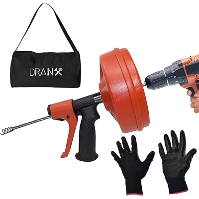 DrainX SPINFEED 50 Pied Tambour Auger | Utilisation Manuellement ou Forage Aliment&eacute; - Auto Extend et Retract Serpent | Gants de Travail et Sac de Rangement Inclus