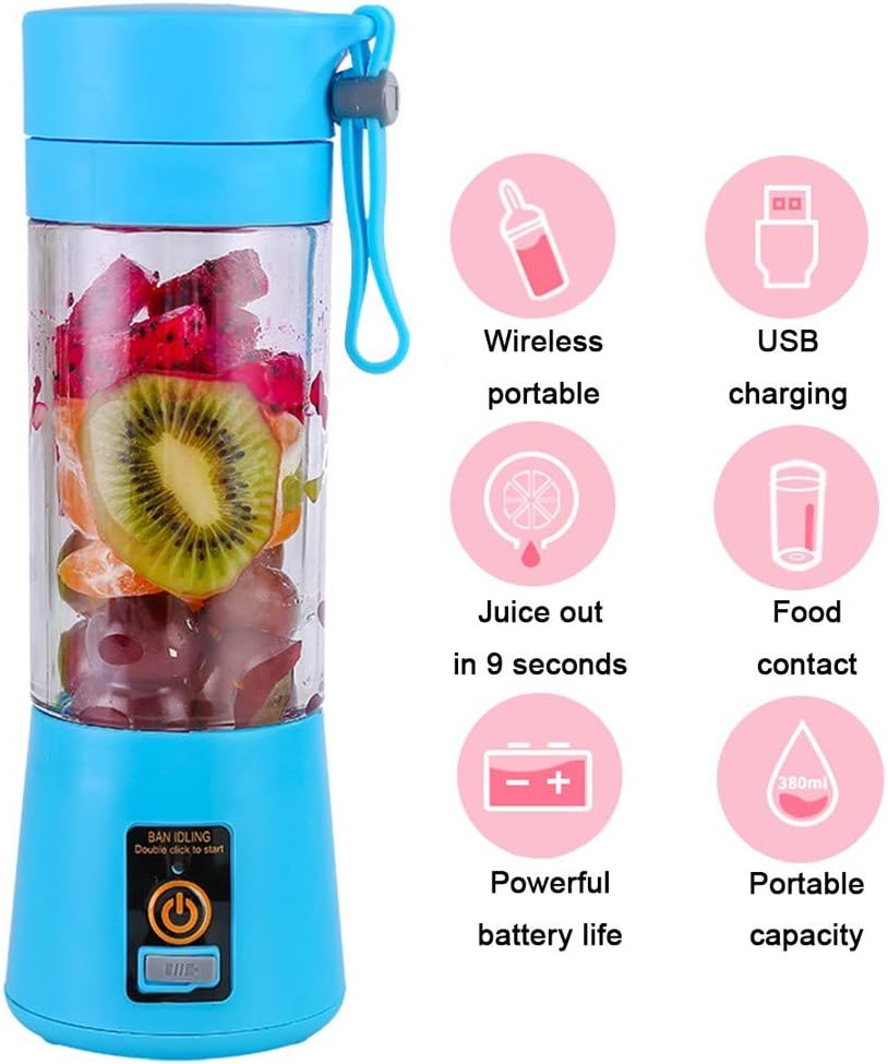 Ice-Beauty-ukzy Portable Blender, Portable Blender USB Rechargeable, Juice Mixer 150W 380ML Mini Personal Fruit Blender for Home,Office,Sports,Travel, OutdoorsBlue