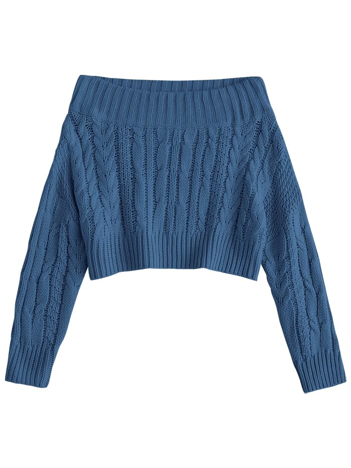Photo 1 of ZAFUL Women's Off Shoulder Cable Knit Crop Top Sweater - Long Sleeve Pullover with Batwing Sleeves