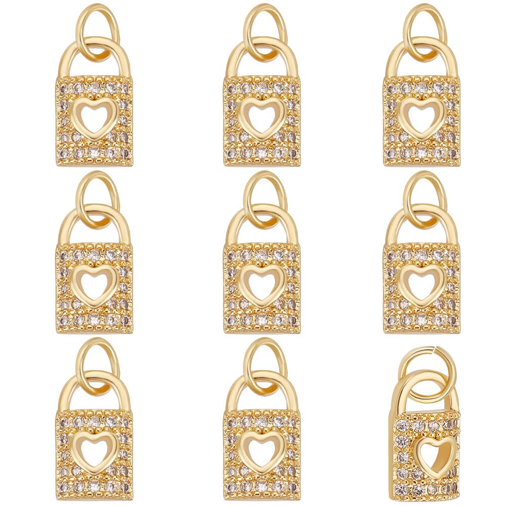 Beebeecraft 1 Box 10Pcs Padlock Charms 18K Gold Plated Hollow Lock Charms with Cubic Zirconia and Jump Ring for DIY Crafts Necklace Valentine's Day Jewelry Making