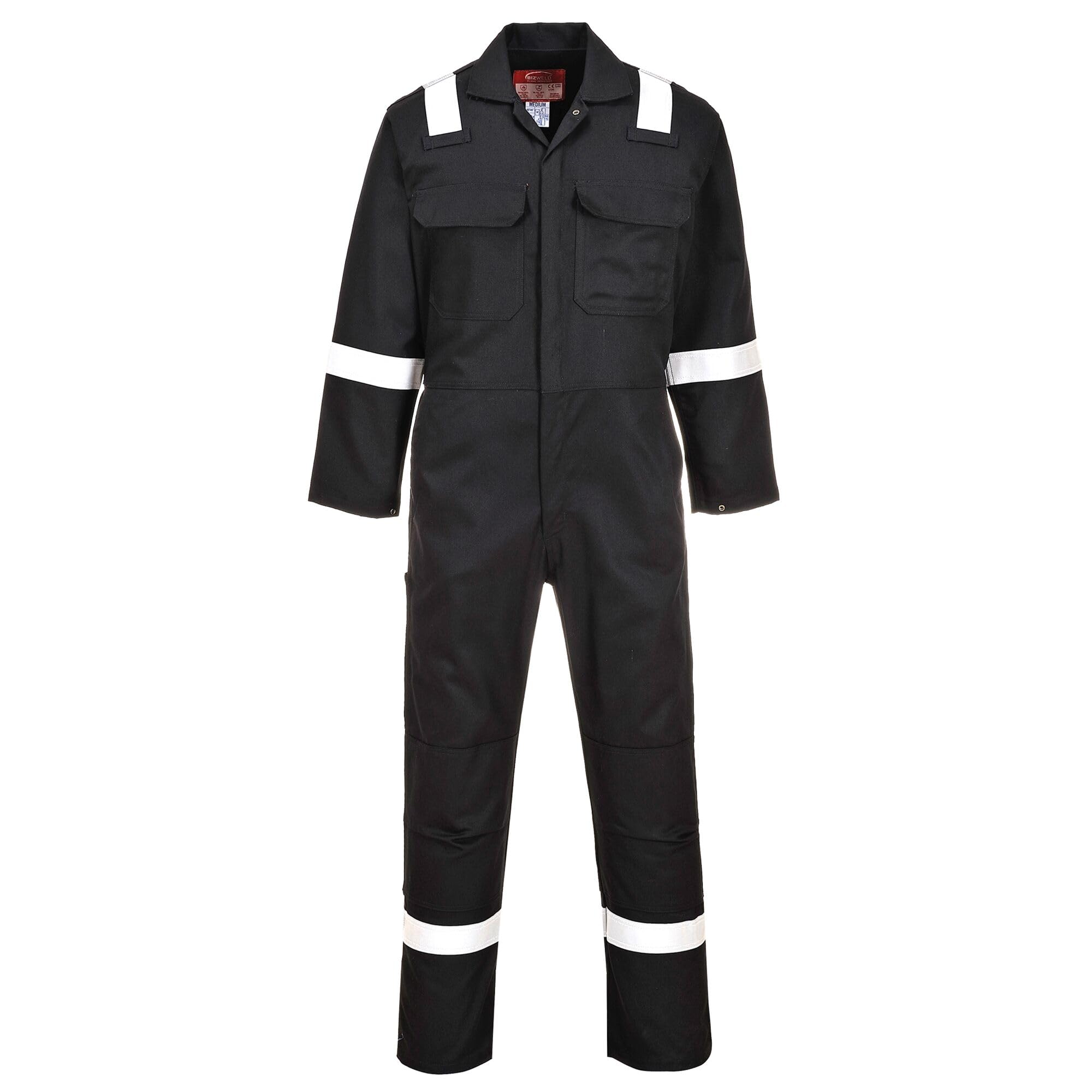 Portwest BIZ5 Bizweld FR Men's Coverall Flame Resistant Welding Overall Safety Gear 100% Cotton Reflective Tape Knee Pad Pockets Molten Metal Splash Protection, Black, XL