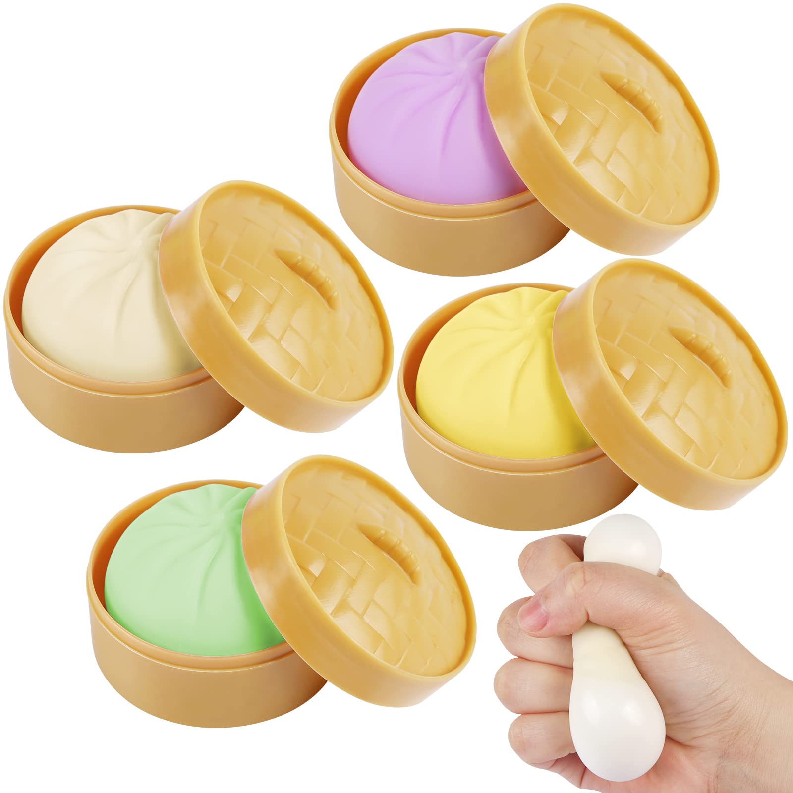 Photo 1 of 4 PCS Colorful Dumpling Squishes Stress Balls Fidget Sensory Toys,Simulation Food Squishies Bun with Little Steamer Squeeze Dough Ball Stress Relief Hand Toy,Anti-Anxiety Stretchy Toy