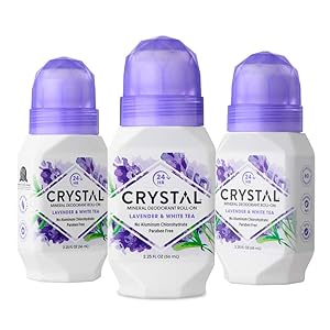 CRYSTAL Mineral Deodorant Roll-On Body Deodorant With 24-Hour Odor Protection, Lavender & White Tea, Non-Sticky Roll-On, Aluminium Chloride & Paraben Free, 2.25 FL OZ, Pack of 3