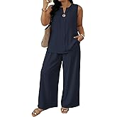 Eytino Plus Size 2 Piece Sets for Women Summer Travel Vacation Outfits Sleeveless Tops Wide Leg Pants Matching Sets(1X-5X)