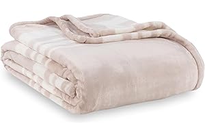 Berkshire Blanket-Classic Heavyweight Soft Printed VelvetLoft® Plush Blanket, Full/Queen Size Soft Fuzzy Warm Blanket for Couch Sofa Bed, Stripe Cream, 90in x 90in