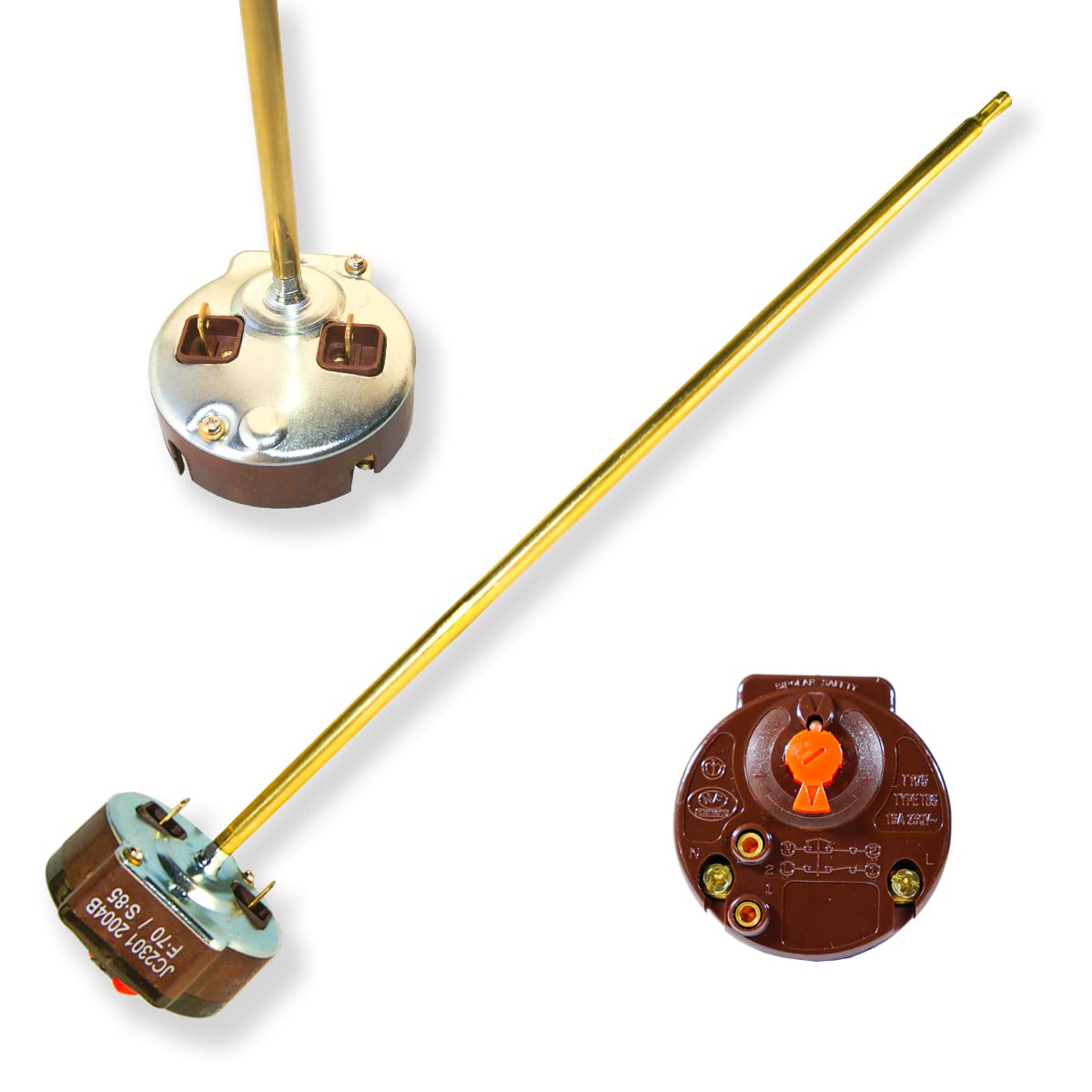 Rod thermostat for electric water heaters and solar reservoirs or tanks. Adjustable temperature. Compatible with major brands. Size 270mm.