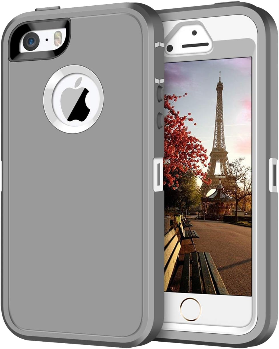 JAKPAK Shockproof Series for iPhone 5S Case iPhone SE Case iPhone 5 Case Heavy Duty Protective Scratch-Resistant Shell with Hard PC Bumper TPU Back Cover for iPhone 5/iPhone 5S/iPhone SE, Gray/White