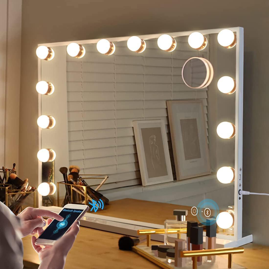 Fenair Vanity Mirror with Lights and Speaker Hollywood Speaker Support Answer Call, Touch Screen, 3 Color Modes Tabletop 15 Dimmable Bulbs Image