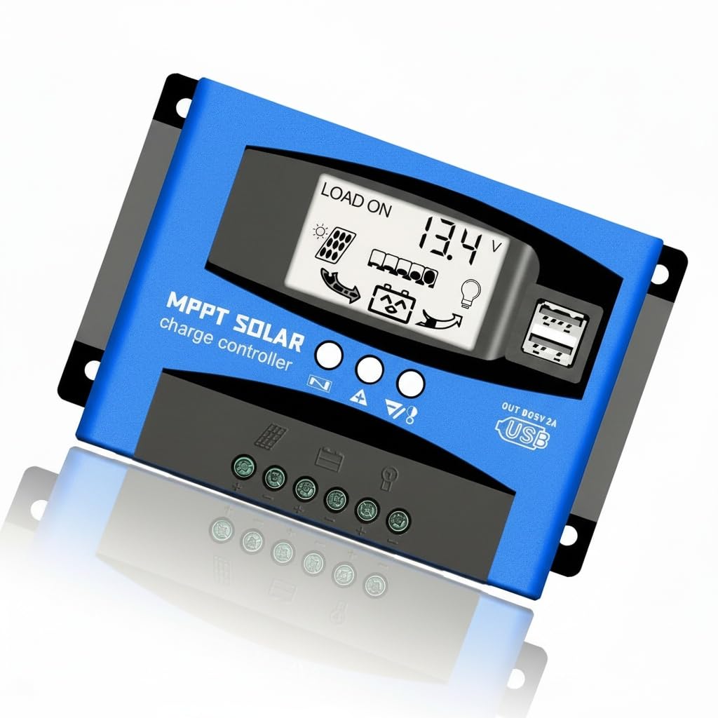 Fuhuihe 12V/24V MTTP Solar Charge Controller Solar Panel Battery Charger Intelligent Regulator with Dual USB Port LCD Display Overcurrent Protection for Home, Industry, Commercial (blue, 100A)