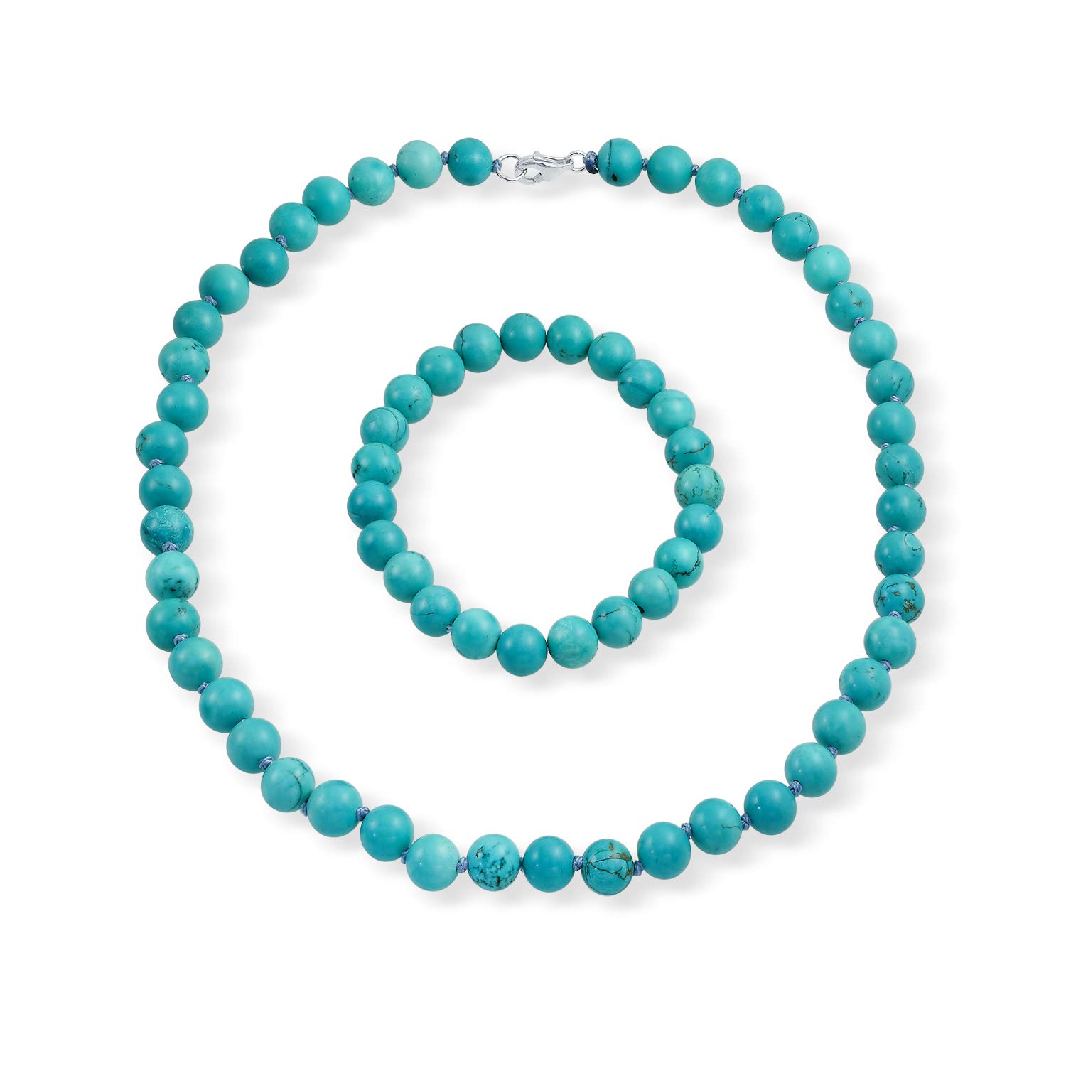 Classic Elegant Simulated Blue Turquoise Color 7MM Ball Beads Strand Necklace Stretch Bracelet Set Western Jewelry For Women .Silver Plated Clasp