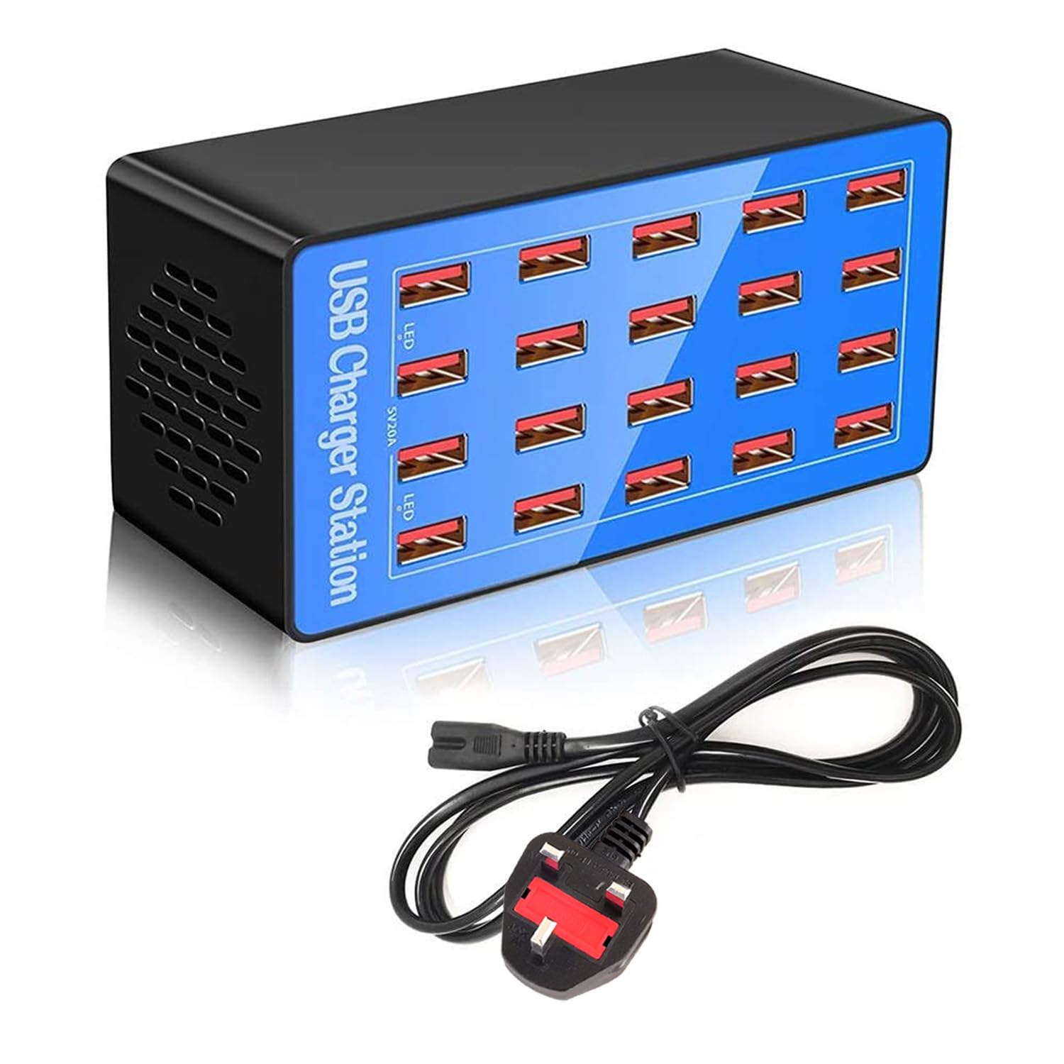 Balabaxer Blue USB Charger Station, 20-port 100W/20A multi-device USB charging station, is a versatile multi-port charger designed for smartphones, tablets, and various other devices.