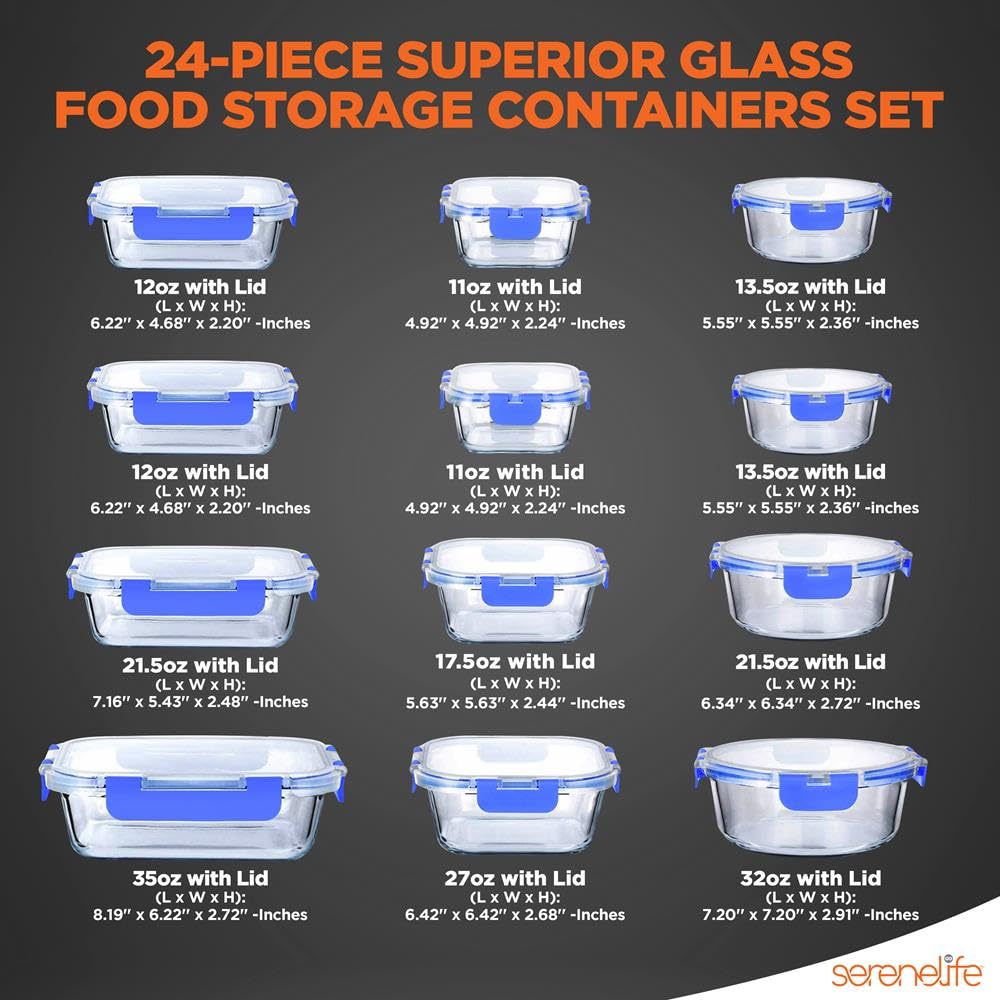 Mua SereneLife 24 Piece Glass Storage Containers with Lids, 12 Pack ...