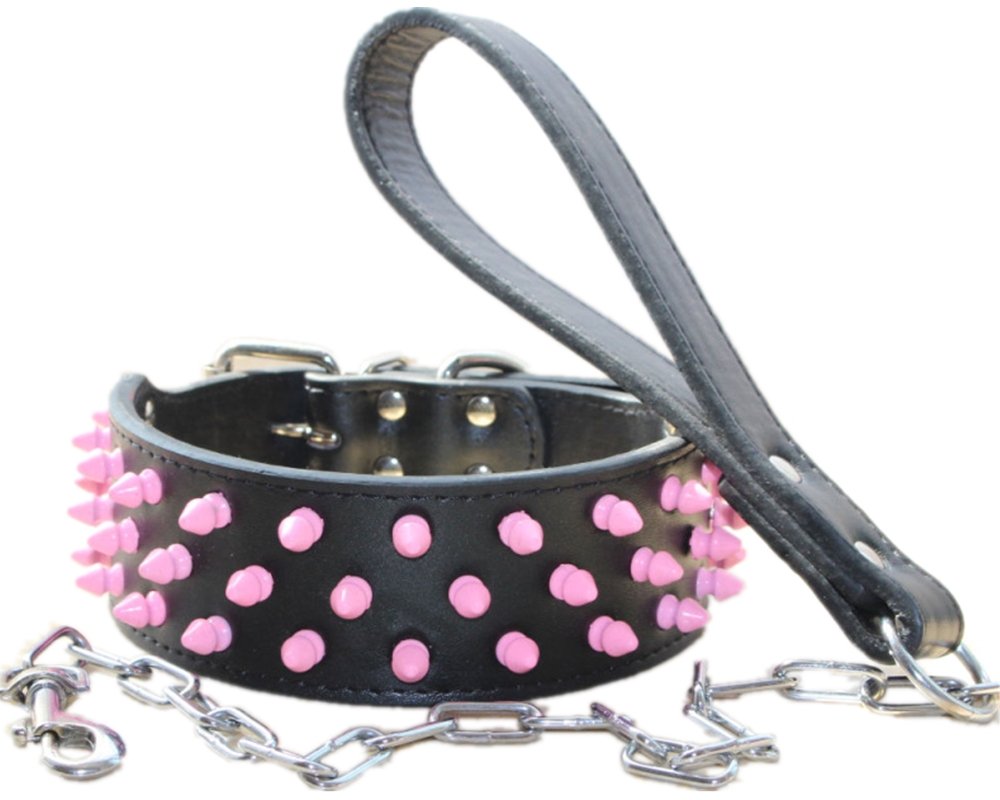 haoyueer Pink Spiked Studded Dog Collar 2 Inch in Width Leather Dog Collars Chain Leash Combo Set Fit Medium & Large Dogs Pitbull Husky Mastiff Terrier (L, Black)