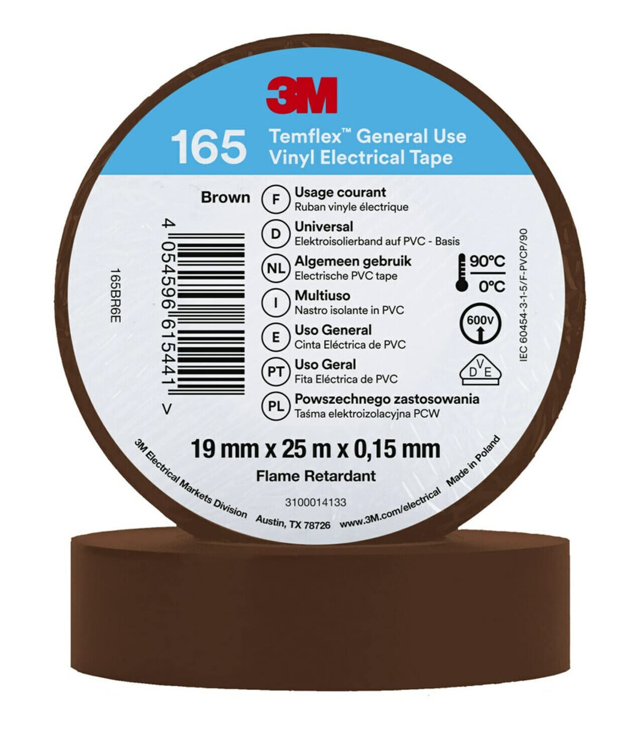 Temflex 3M Vinyl Electrical Tape 165, Brown, 19 mm x 25 m, 10 Roll Pack