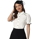 Allegra K Peter Pan Collar Shirt for Women 2026 Vintage Puff Short Sleeve Button Down Blouse Tops