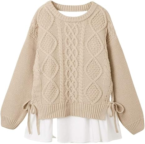 Amazon Nissen ニッセン セーター 重ね着風 長袖 シャツ重ね着風ケーブルニット オフベージュ M レディース セーター 通販